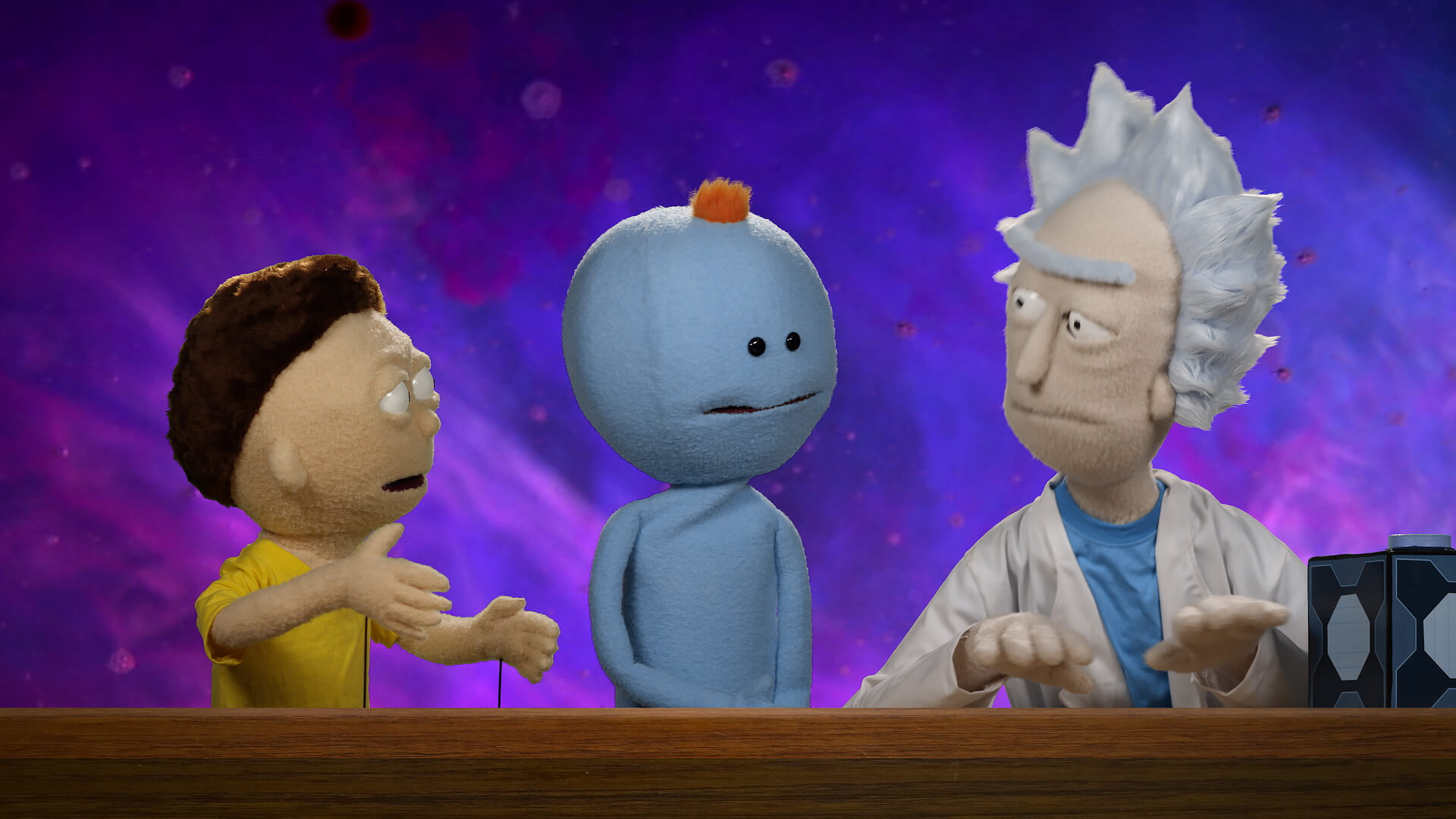Rick, Morty and Meseeks puppets from the Rick and Morty Blu-ray commercial shot and edited by Todd Bishop