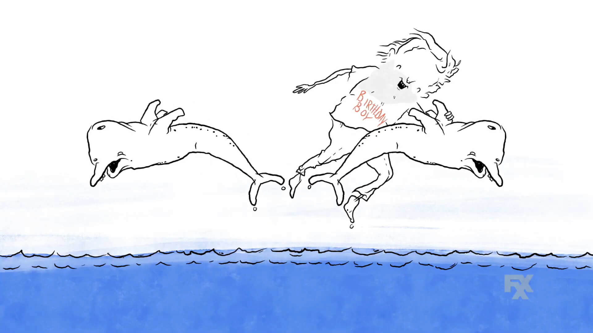 A bearded man wearing a birthday boy shirt jumps through the air with two dolphins in an animated short from FXX CAKE