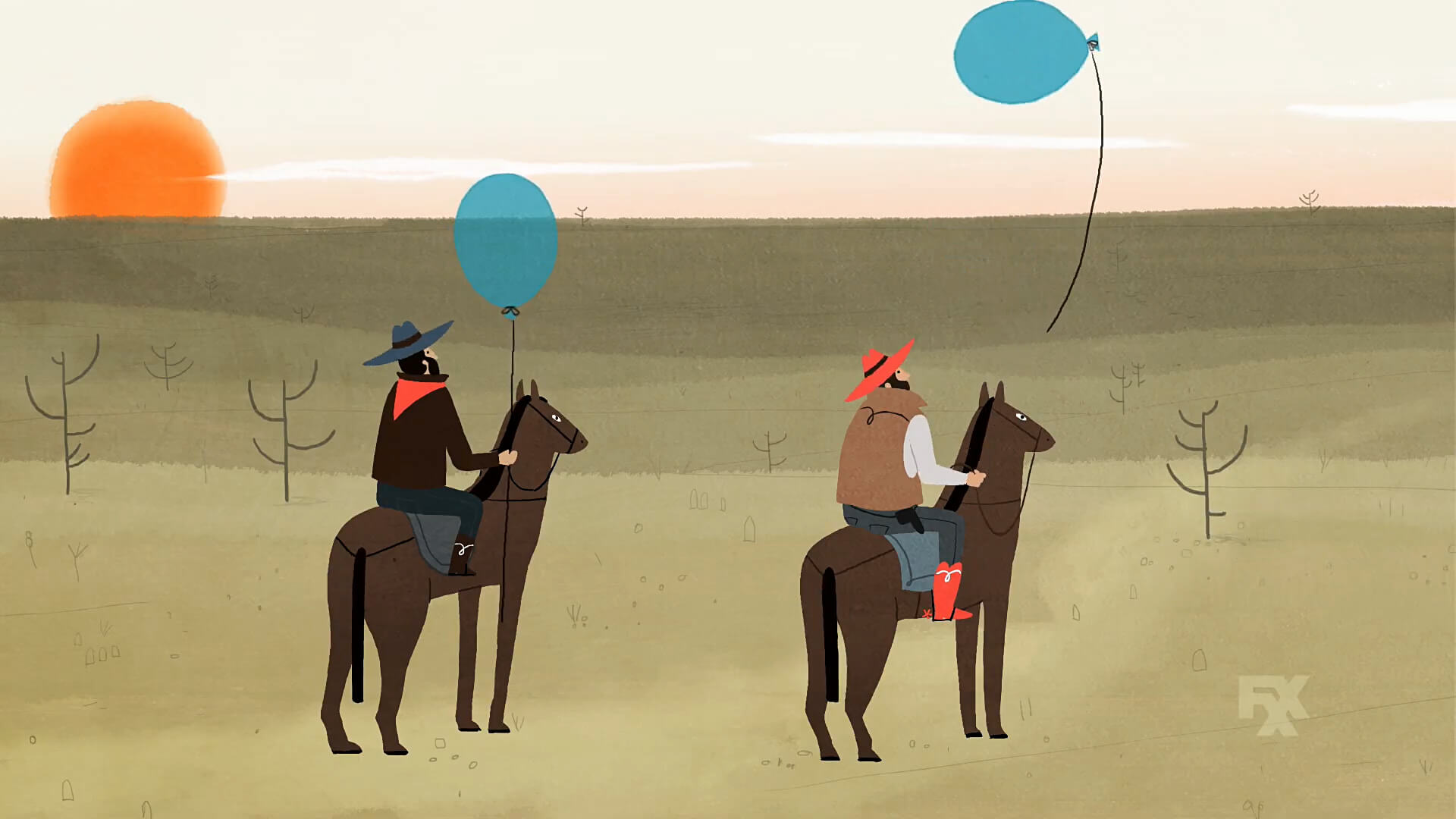 Two cowboys with balloons against a setting sun on FXX's Cake.