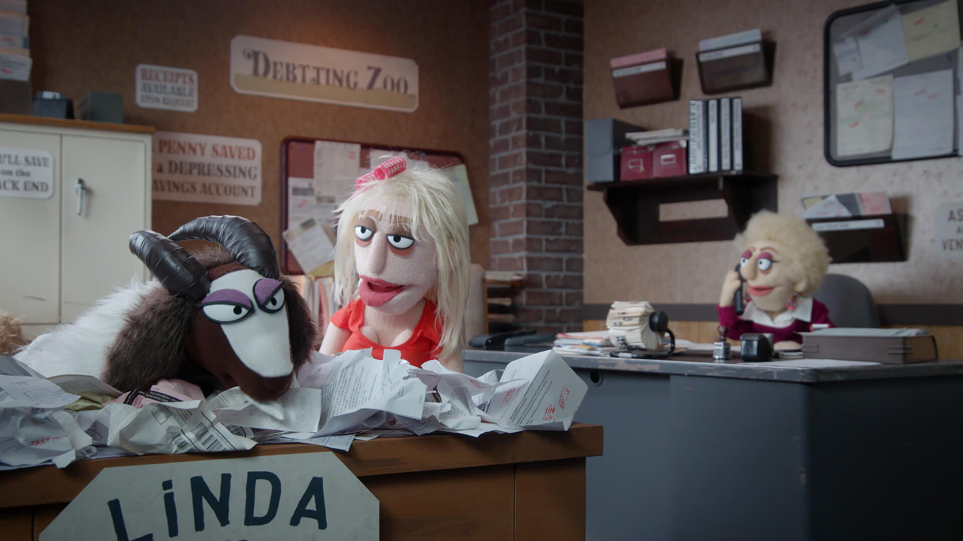 Linda the debt consolidating goat from a scene directed by Todd Bishop for Comedy Central's Crank Yankers