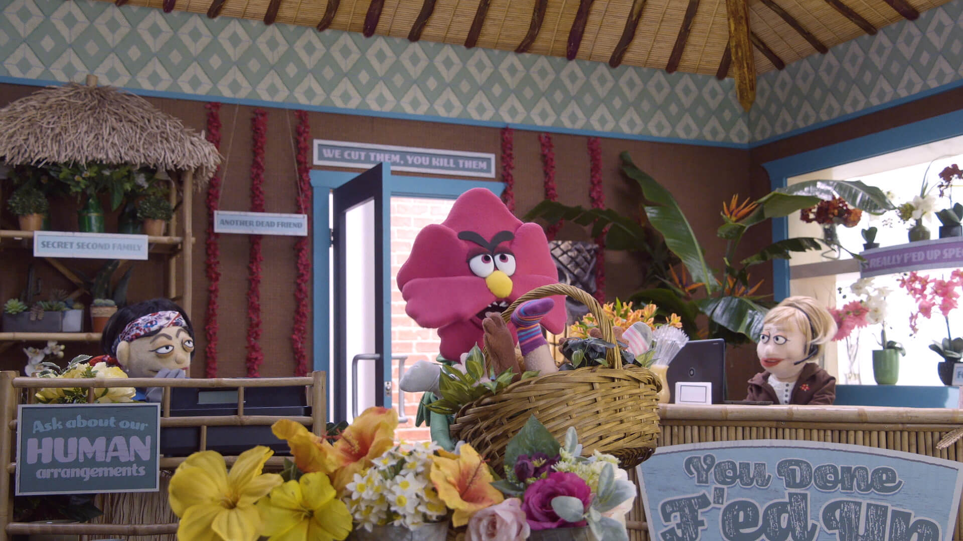 An angry flower stomps into a flower shop on Comedy Central's Crank Yankers