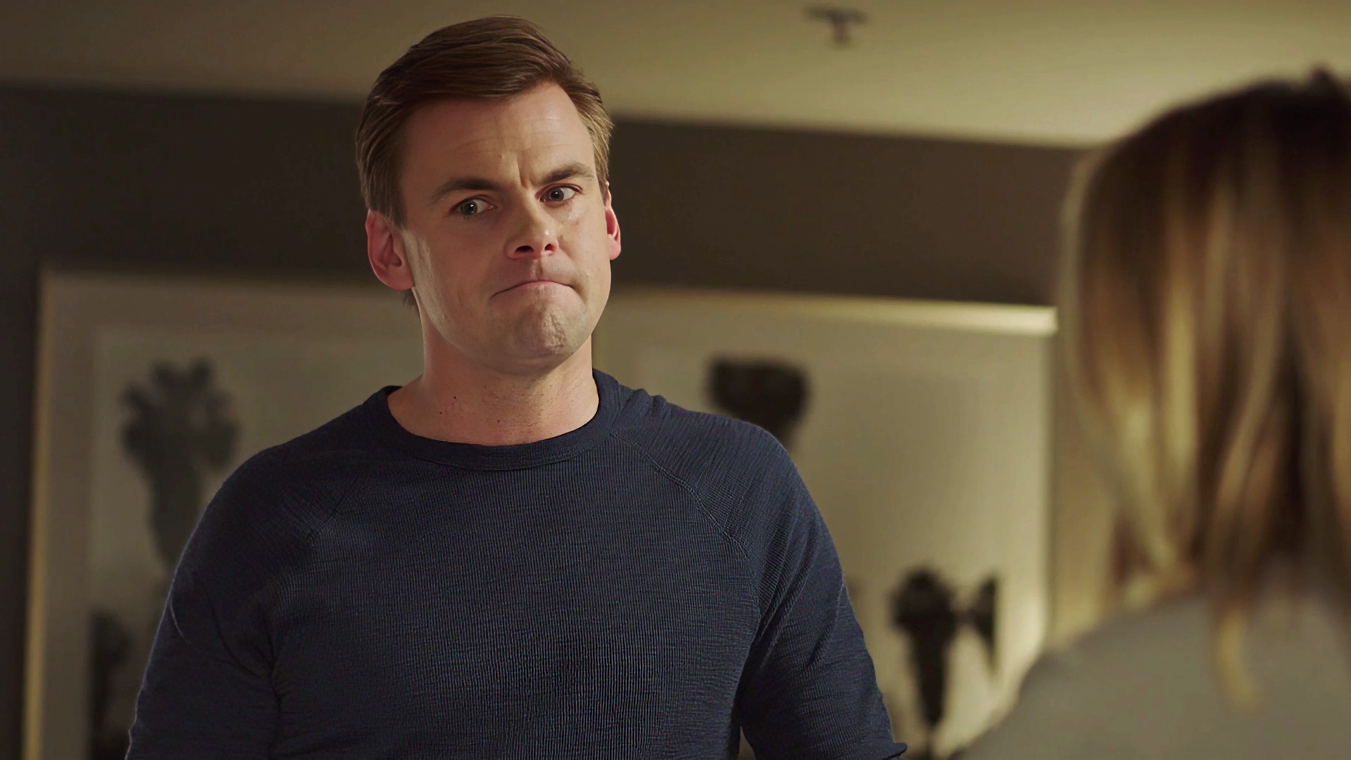 Tommy Dewey as Tommy tries to console the wife of his broadcasting partner, Tug, in this scene edited by Todd Bishop for the CW's Now We're Talking.