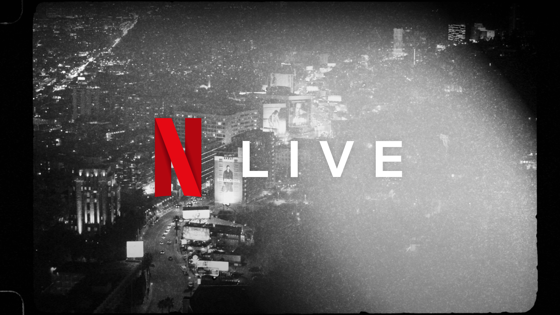 An aerial view of the sunset strip at night in black and white from the opening montage of Netflix's Chris Rock The Show Before The Show live special edited by Todd Bishop