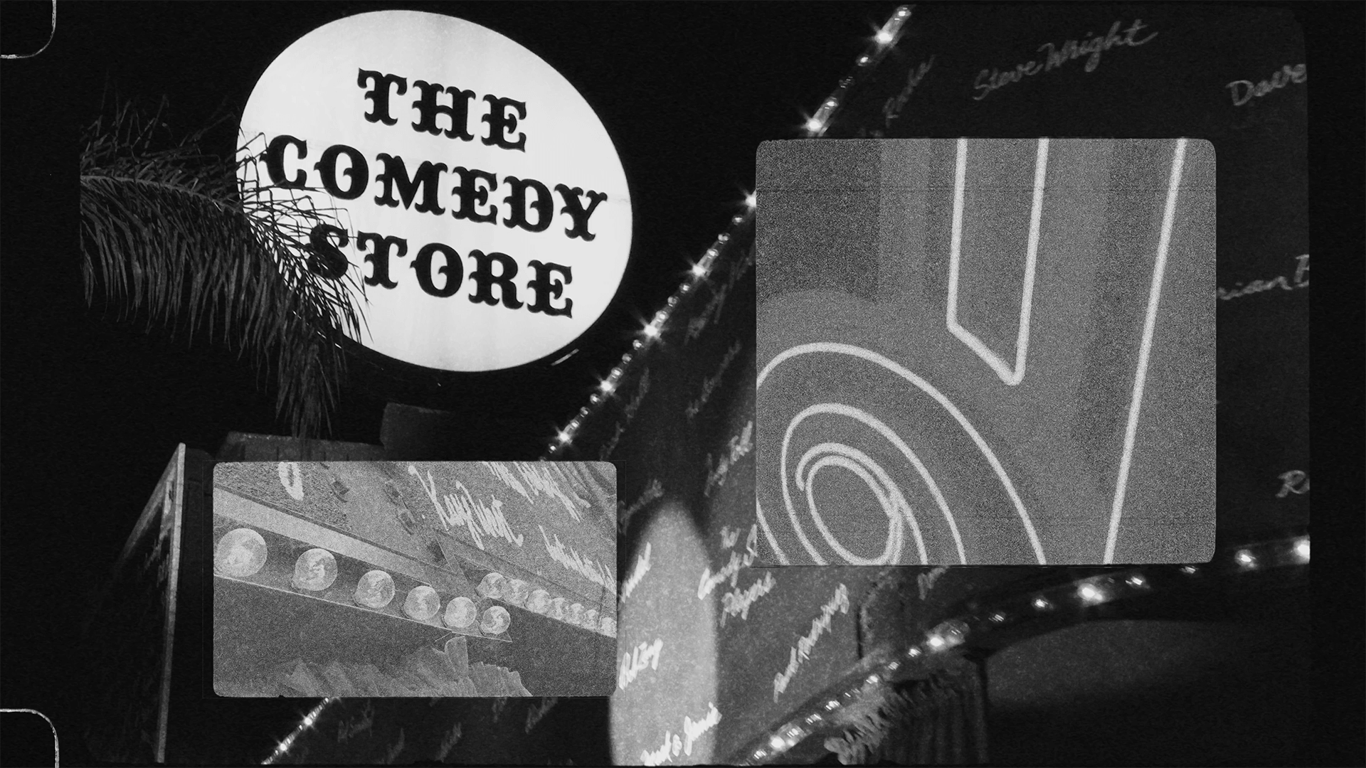 The exterior of The Comedy Store at night in black and white with distressed film overlays created by Todd Bishop
