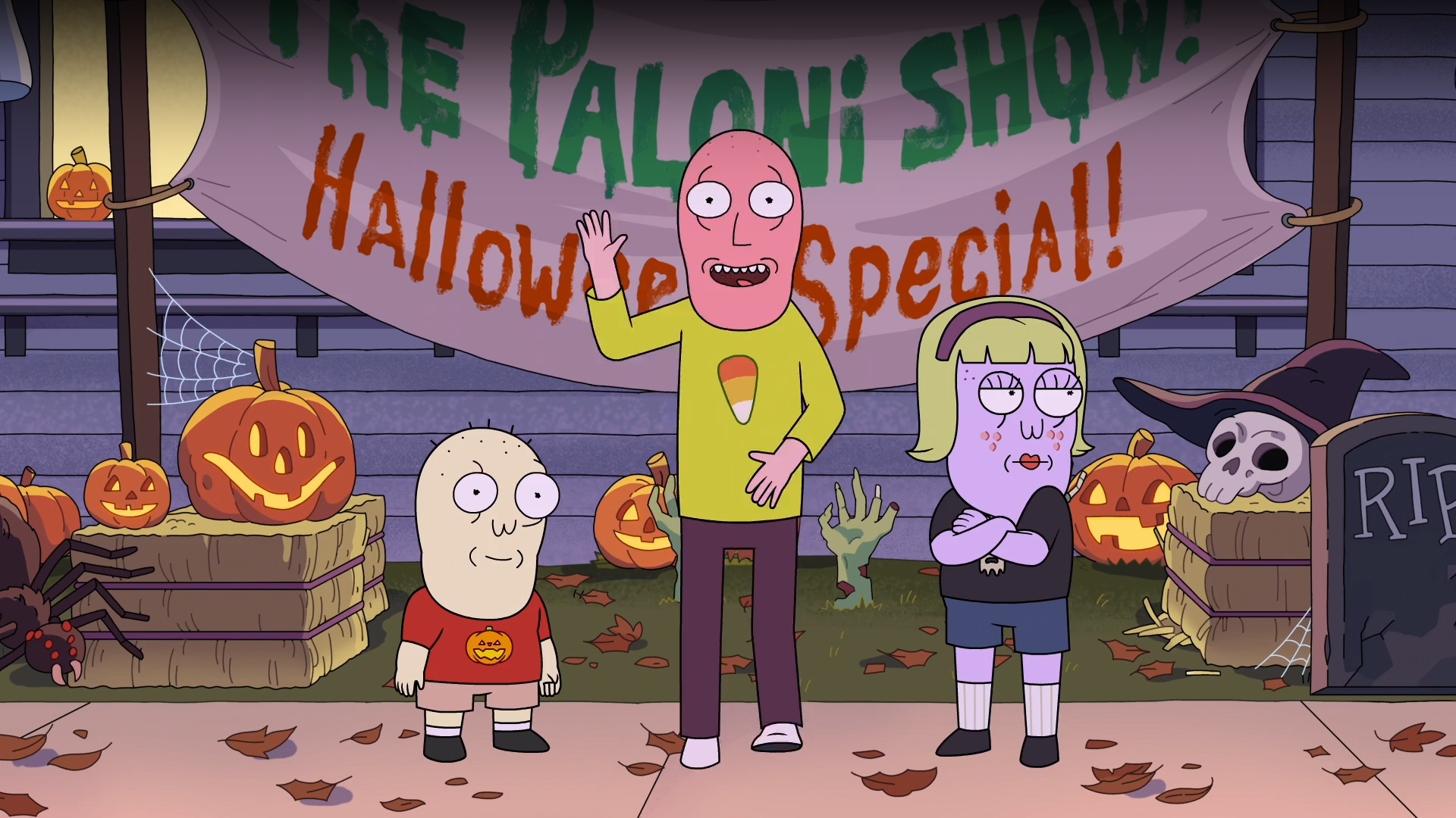 Three ugly animated people stand in front of a banner for The Paloni Show Halloween Special on Hulu edited by Todd Bishop