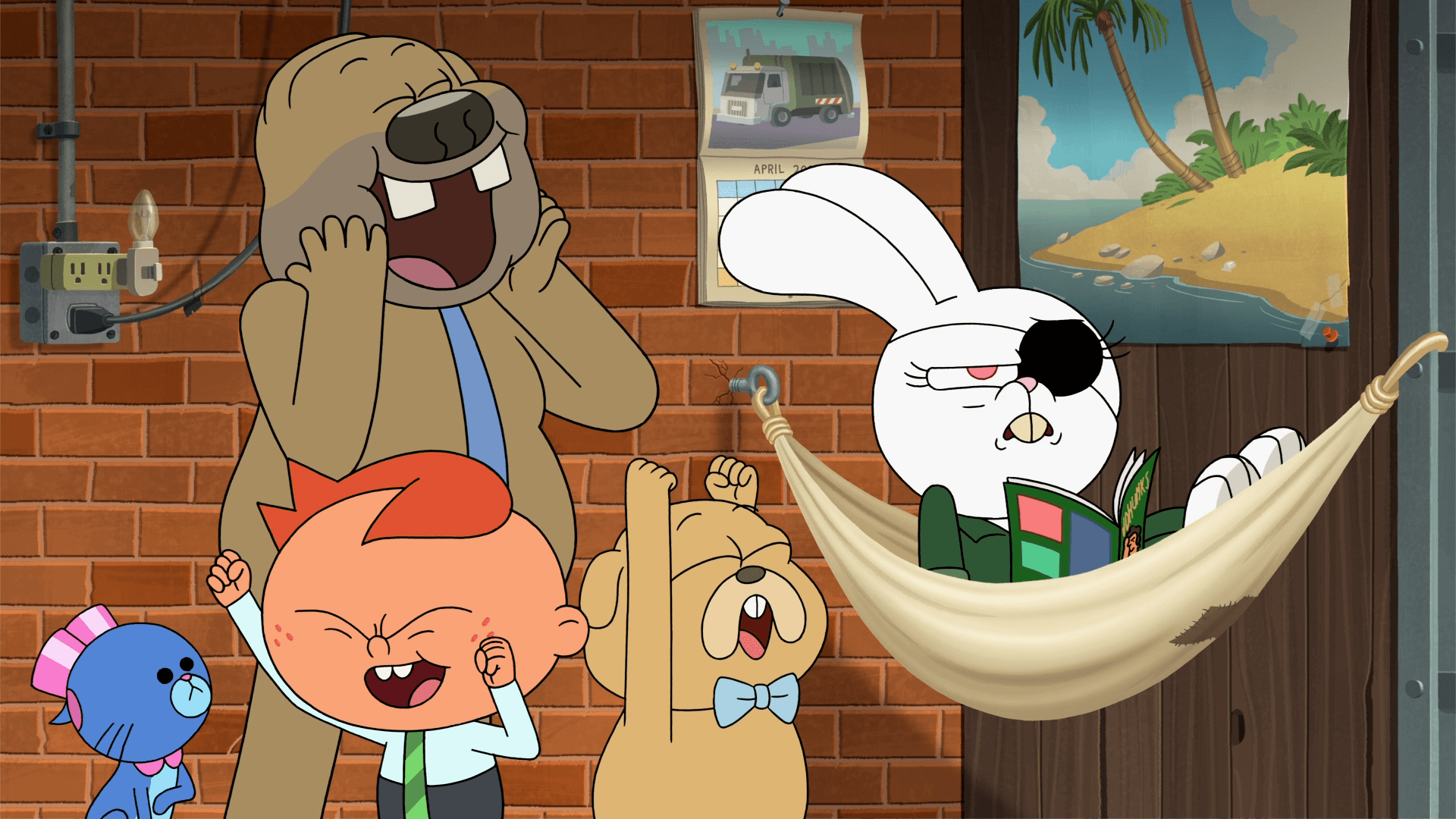 cartoon characters Boss dog, Nuritza rabbit, Tiggy and Gweeseek the cat celebrate and yell in a scene from HBOMax's Tig N Seek edited by Todd Bishop